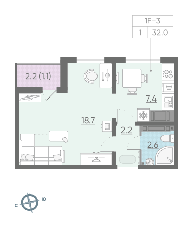 Однокомнатная квартира 32 м²