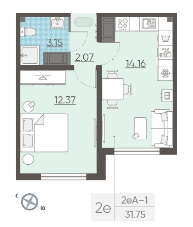 Однокомнатная квартира 31.75 м²