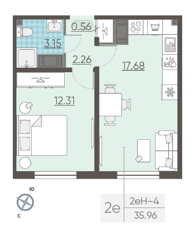 Однокомнатная квартира 35.96 м²