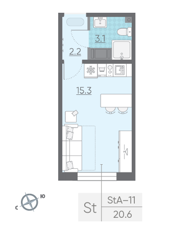 Студия 20.6 м²