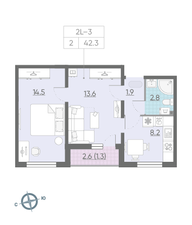 Двухкомнатная квартира 42.3 м²
