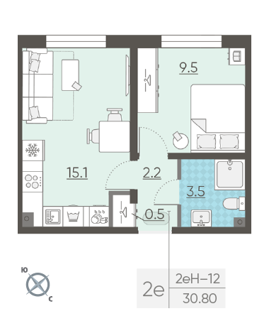Однокомнатная квартира 30.8 м²
