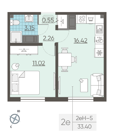 Однокомнатная квартира 33.4 м²