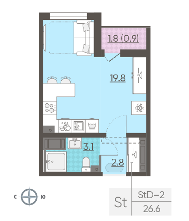 Студия 26.6 м²