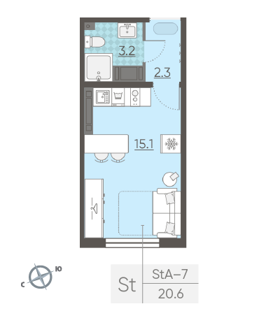 Студия 20.6 м²
