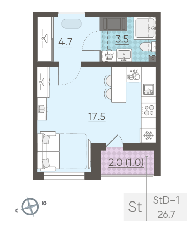 Студия 26.7 м²
