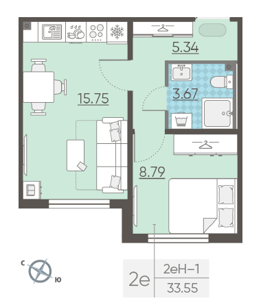 Однокомнатная квартира 33.55 м²