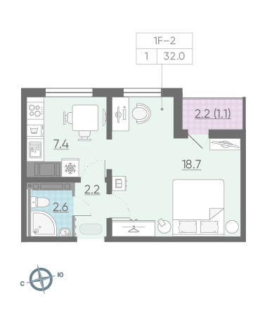 Однокомнатная квартира 32 м²