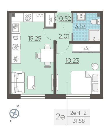 Однокомнатная квартира 31.58 м²