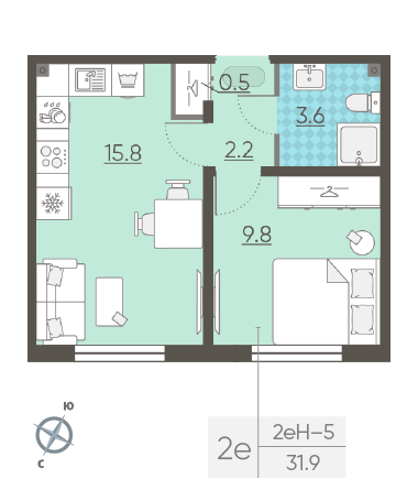 Однокомнатная квартира 31.9 м²