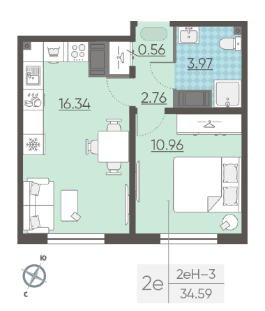 Однокомнатная квартира 34.59 м²