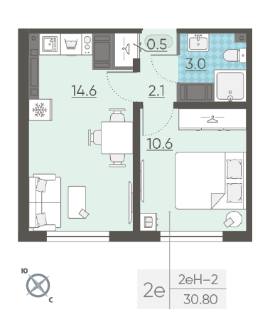 Однокомнатная квартира 30.8 м²