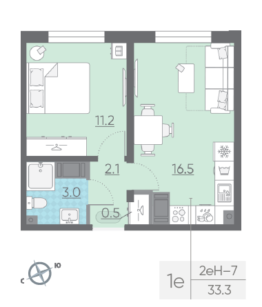 Однокомнатная квартира 33.3 м²