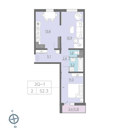 Двухкомнатная квартира 52.3 м²