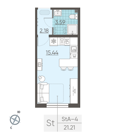 Студия 21.21 м²