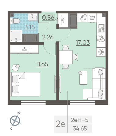 Однокомнатная квартира 34.65 м²