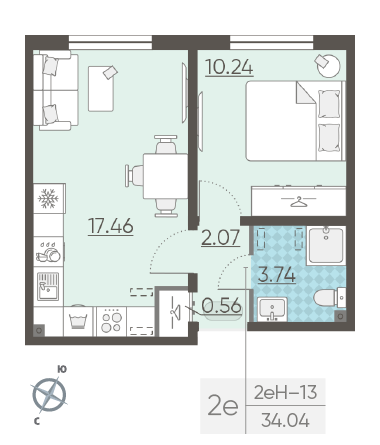 Однокомнатная квартира 34.04 м²