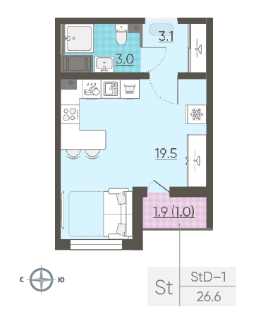 Студия 26.6 м²