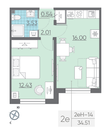 Однокомнатная квартира 34.51 м²