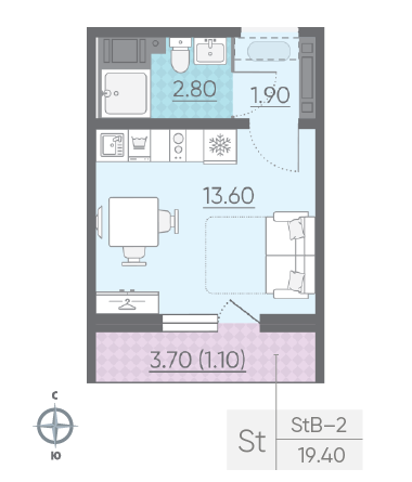 Студия 19.4 м²