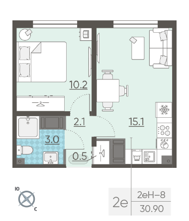 Однокомнатная квартира 30.9 м²