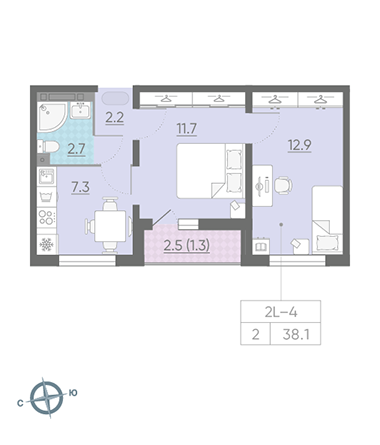 Двухкомнатная квартира 38.1 м²