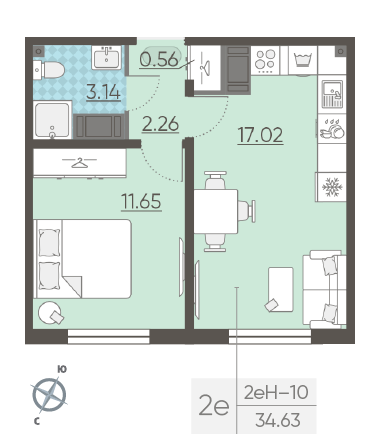 Однокомнатная квартира 34.63 м²