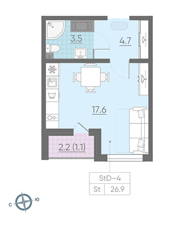 Студия 26.9 м²