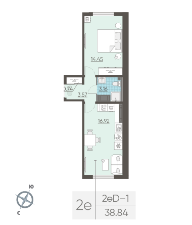 Однокомнатная квартира 38.84 м²