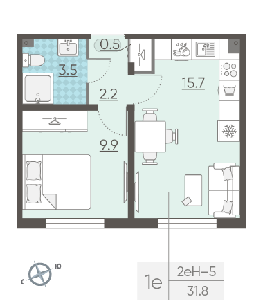 Однокомнатная квартира 31.8 м²