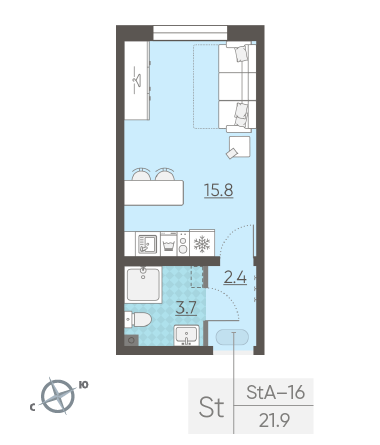 Студия 21.9 м²