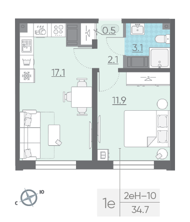 Однокомнатная квартира 34.7 м²