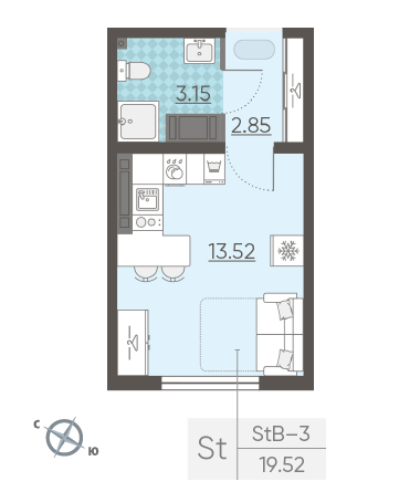 Студия 19.52 м²