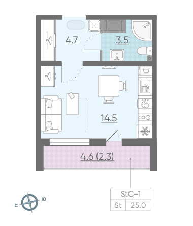 Студия 25 м²
