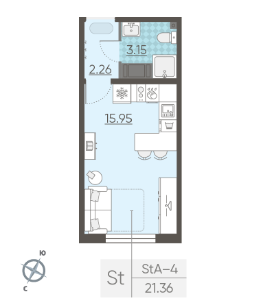 Студия 21.36 м²