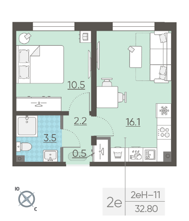 Однокомнатная квартира 32.8 м²