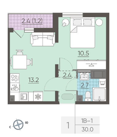 Однокомнатная квартира 30 м²