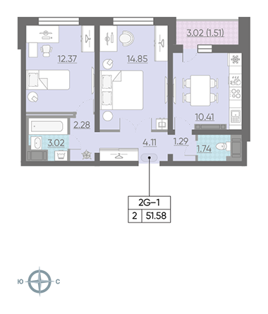 Двухкомнатная квартира 51.7 м²