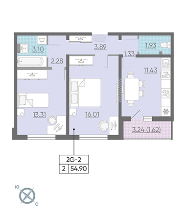 Двухкомнатная квартира 55.7 м²