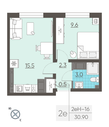 Однокомнатная квартира 30.9 м²