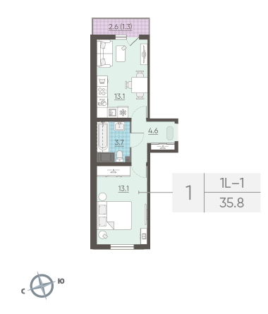 Однокомнатная квартира 35.8 м²