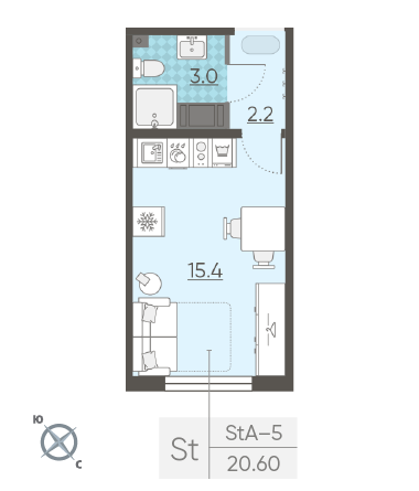 Студия 20.6 м²
