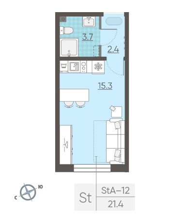 Студия 21.4 м²