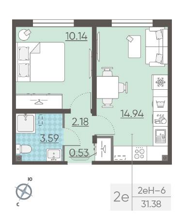 Однокомнатная квартира 31.38 м²