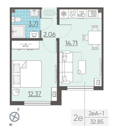 Однокомнатная квартира 32.85 м²