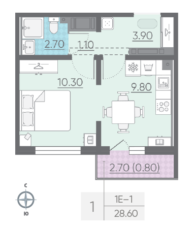 Однокомнатная квартира 28.6 м²