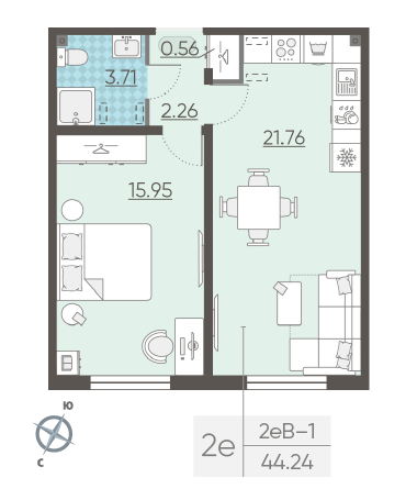 Однокомнатная квартира 44.24 м²