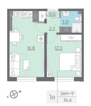 Однокомнатная квартира 34.6 м²