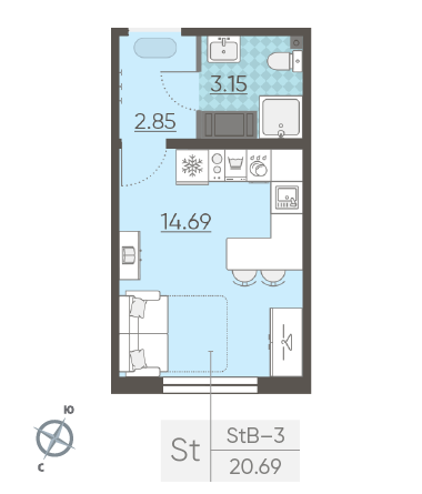 Студия 20.69 м²