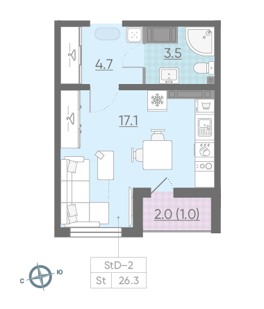 Студия 26.3 м²